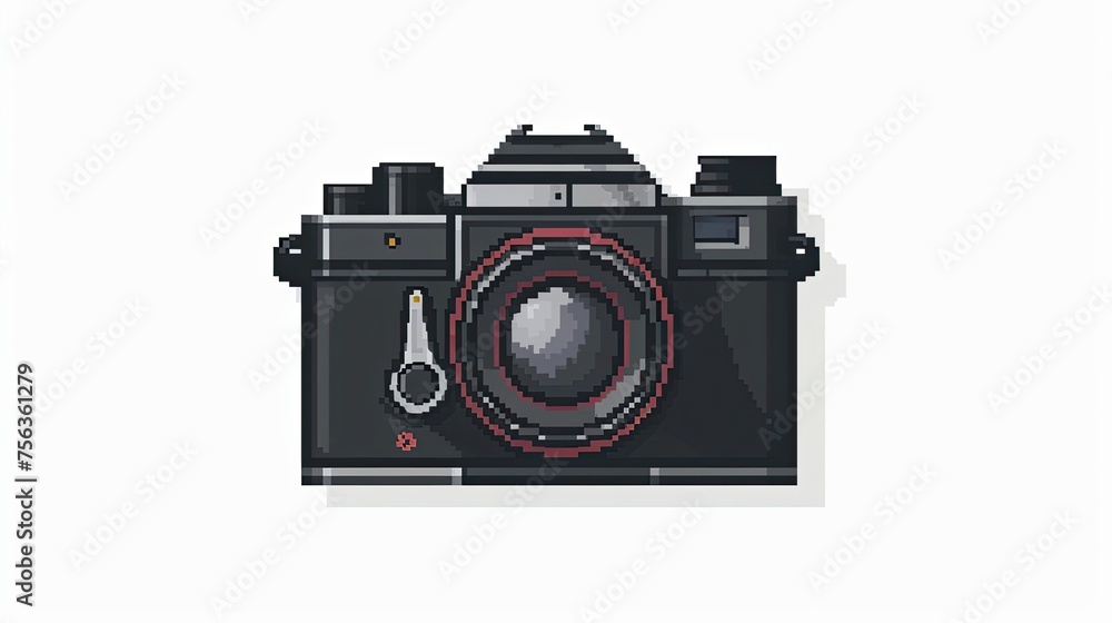 Pixel photo camera. Pixel art, style, button, flash, shot, lens, film, lens, zenith, frame, model, photo shoot. Generated by AI
