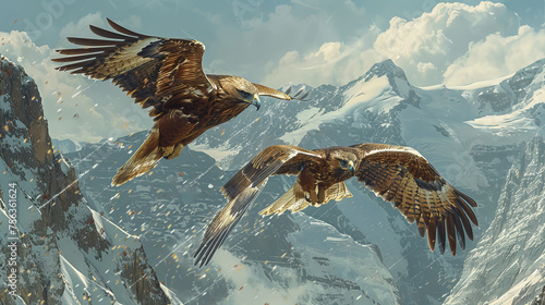 Two birds flying in the sky above a snowy mountain