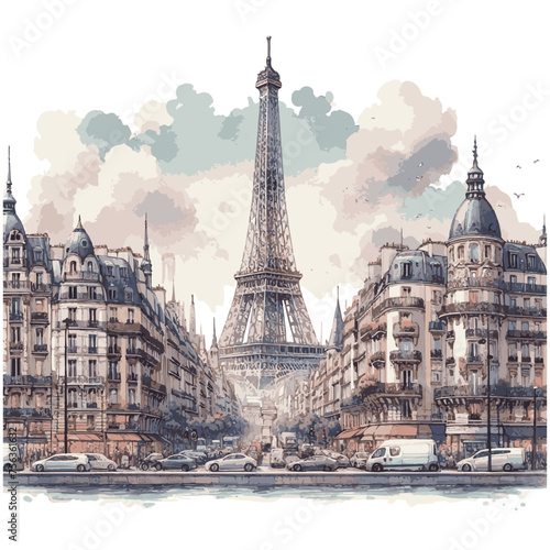 Photography watercolor of Paris skylines isolated on white background