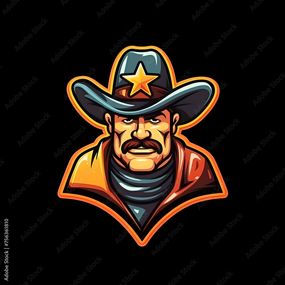 Fat Bearded Cowboy Mascot Isolated on Black Background. Cowboy Emblem