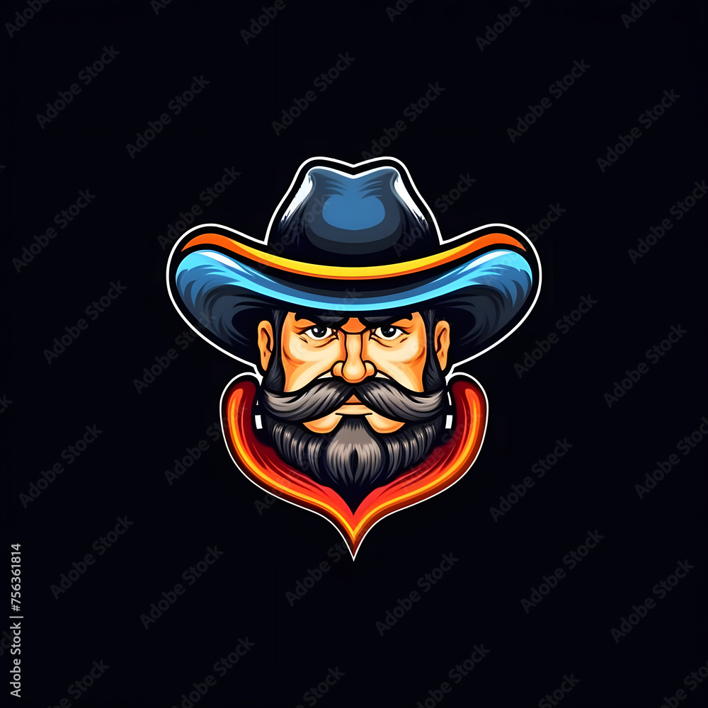 Fat Bearded Cowboy Mascot Isolated on Black Background. Cowboy Emblem Fat Bearded Cowboy Mascot Isolated on Black Background. Cowboy Emblem