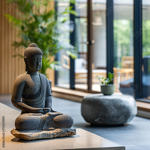 Quiet and contemplative workspace area designed for employee relaxation and meditation  with a close-up on the serene setting  promoting mental health and mindfulness