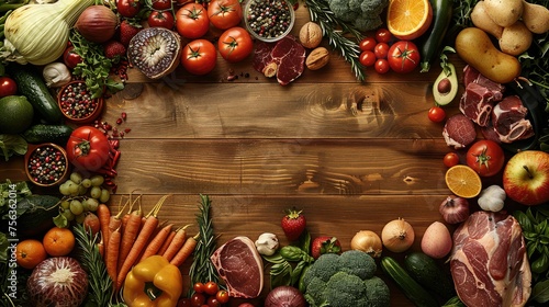 A wooden table looking down with fruits vegetables and meats on the table. Generative AI.