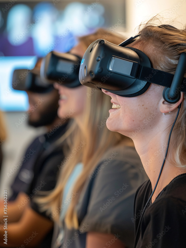 Team using virtual reality to simulate new product designs, with a close-up on the VR headsets and the immersive interaction, emphasizing innovative product development strategies Team using virtual reality to simulate new product designs, with a close-up on the VR headsets and the immersive interaction, emphasizing innovative product development strategies
