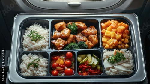 Top angle shot of colorful food is kept in airline food tray. Generative AI. © visoot