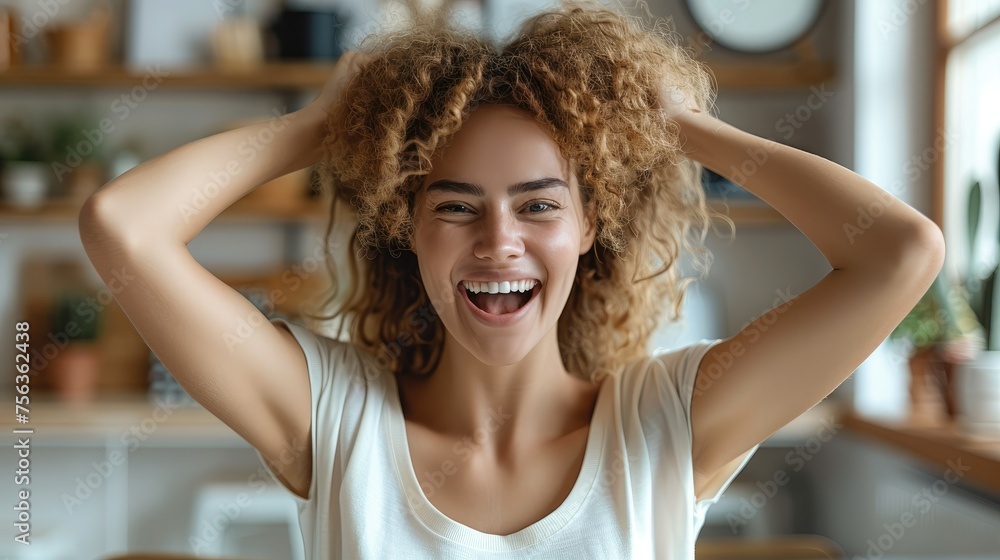 Celebrating success, Excited happy woman feeling winner rejoicing online win got new job opportunity. Generative AI. Celebrating success, Excited happy woman feeling winner rejoicing online win got new job opportunity. Generative AI.