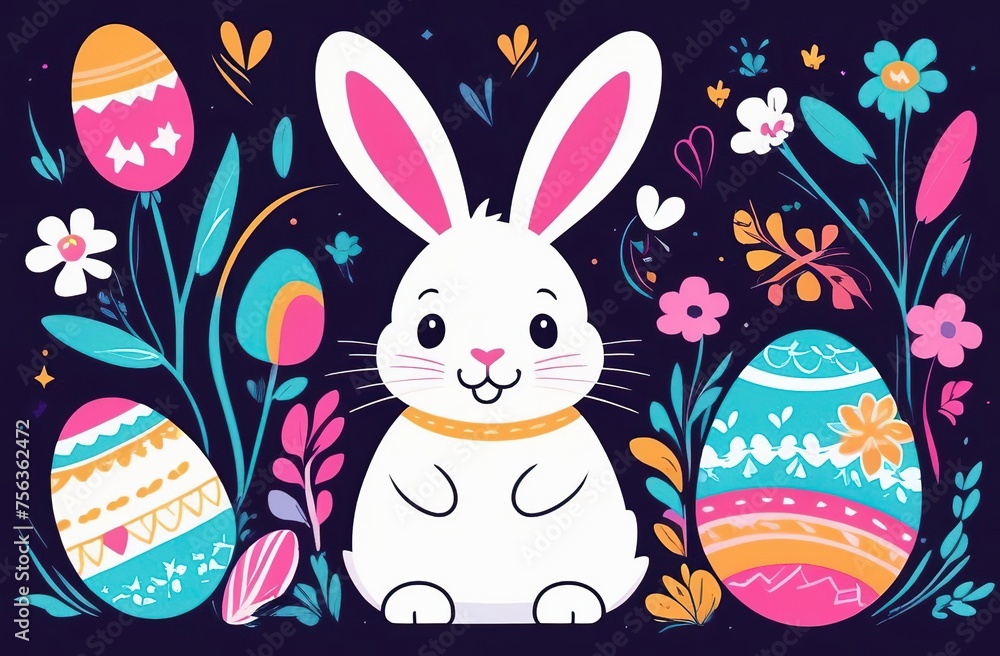 Happy Easter bunny on dark background. Easter bunny with eggs Happy Easter bunny on dark background. Easter bunny with eggs