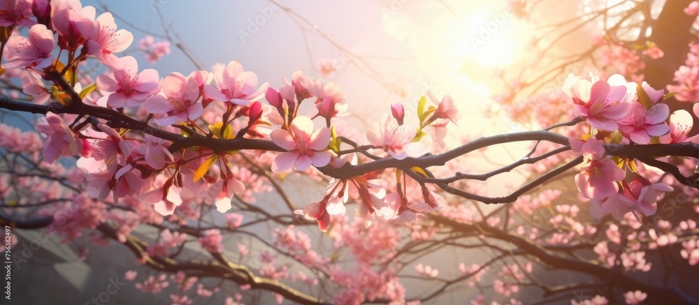 The sun rays are filtering through the twigs and petals of a cherry blossom tree, creating a beautiful natural landscape event with its pink blossoms