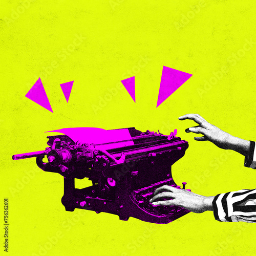 Poster. Contemporary art collage. Copywriter typing on vintage typing machine in pink monochrome filter against yellow background. Concept of vintage things, mix old and modernity. Abstract design.