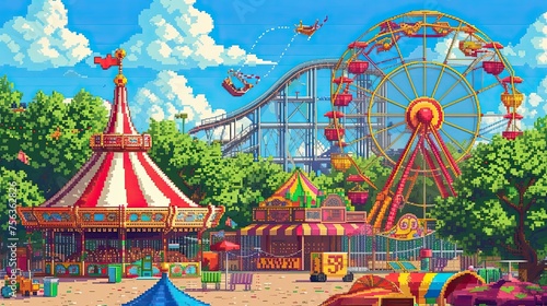 Pixel amusement park. Style, entertainment, clown, danger, extreme, carousel, roller coaster, Ferris wheel, sugar, slot machines, fountain, popcorn. Generated by AI © Anastasia