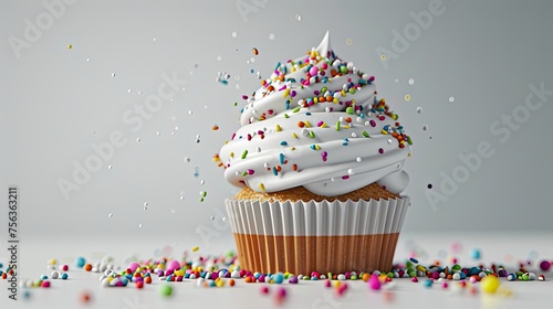Pixel cupcake with sprinkles. Style, raisins, baking, tea, dough, pastry, cake, oven, sweet, tasty, muffin, food, dessert, flour, shape. Generated by AI