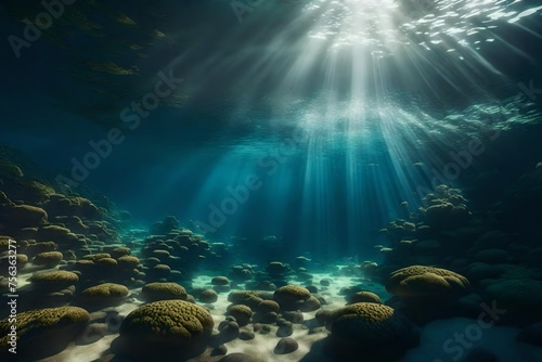 Rugged Landscape Terrain Underwater Dark Scene. Lake or Ocean Water. Sunny Sunrays © Qamar