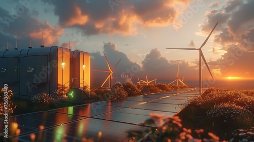 New renewable energy technologies. Modern, aesthetic and efficient dark solar panel panels, a modular battery energy storage system and a wind turbine system in warm light. Generative AI. photo