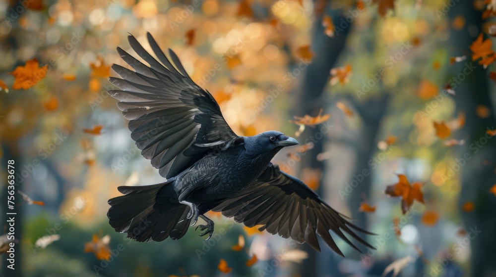 Fototapeta premium A black crow is flying through a forest of yellow leaves