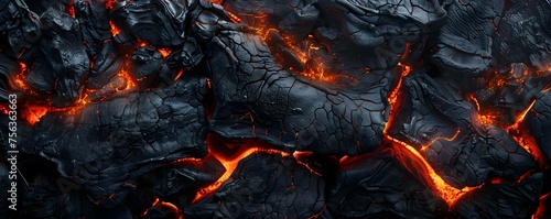 Black volcanic stones and flowing lava closeup . Concept Volcanic Stones, Flowing Lava, Nature Photography, Close-up Shots