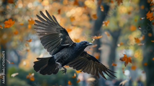 A black crow is flying through a forest of yellow leaves