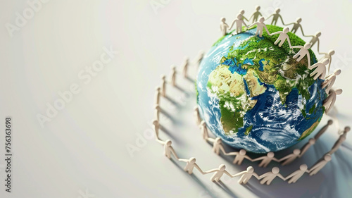 Earth Day 3D render clean and minimalistic concept with people holding hands around the Earth