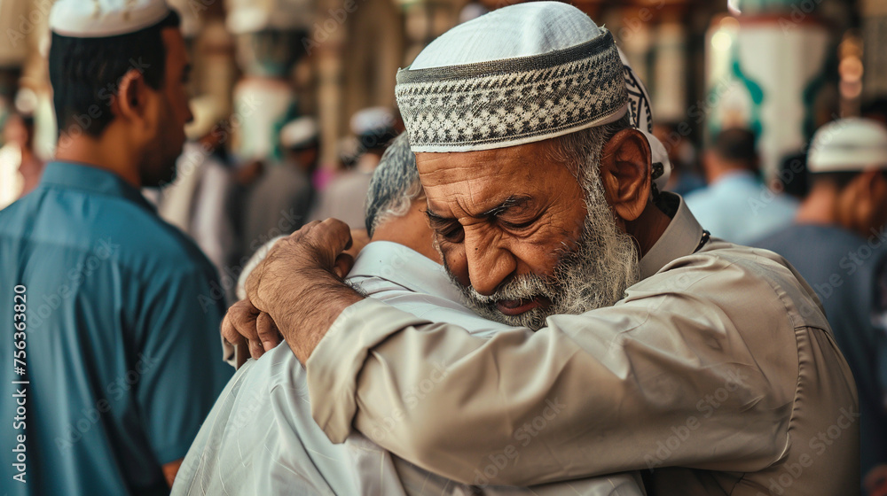 Muslim men hugging in mosque. 