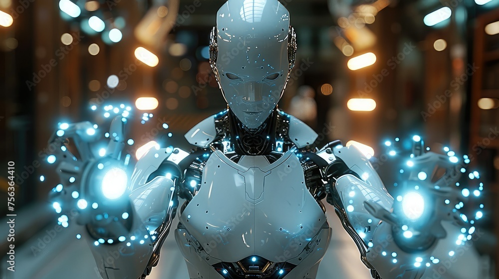 The robot stretched out its hands with two balls of light in its hands. Generative AI. The robot stretched out its hands with two balls of light in its hands. Generative AI.