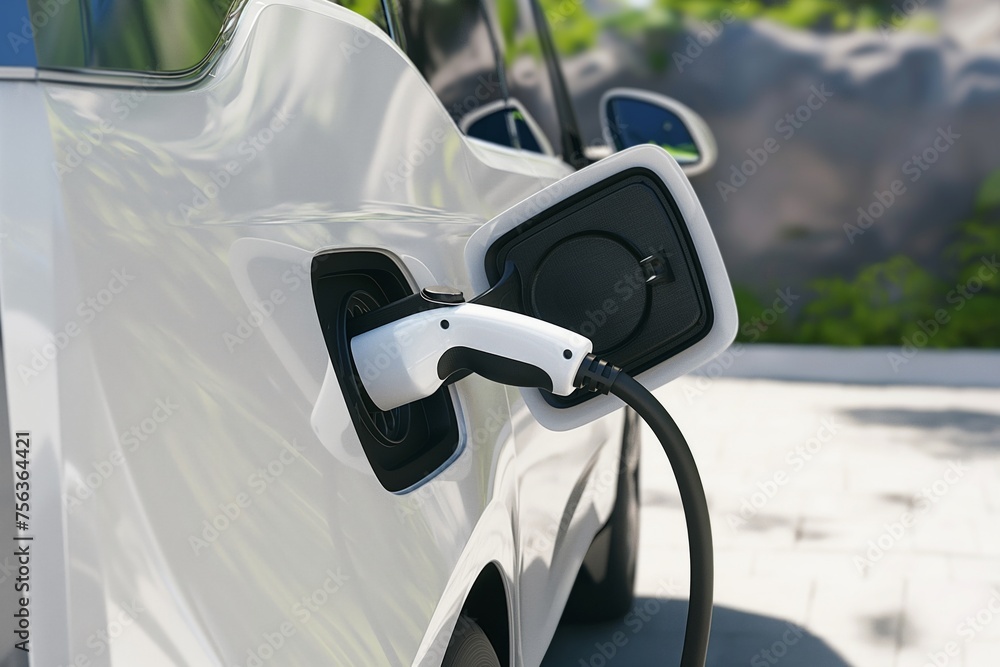 An electric car plugged into a charging station with a focus on the connector and the port An electric car plugged into a charging station with a focus on the connector and the port