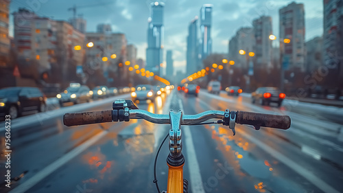 Close-up of bicycle riding in modern city, driving through busy streets, eco friendly and alternative transportation, bike ride in golden hour