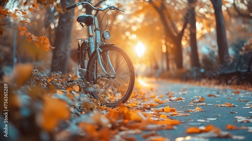 Close-up of bicycle riding in modern city, driving through busy streets, eco friendly and alternative transportation, bike ride in golden hour © Loucine