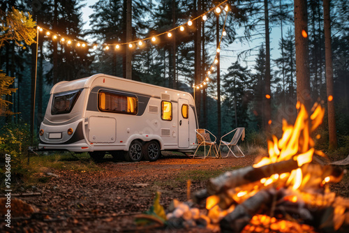 An inviting modern caravan with interior lights on, set among trees with a campfire and fairy lights, evoking a sense of adventure