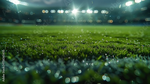 Football stadium with lights, grass close up in sports arena, background. Generative AI. © visoot