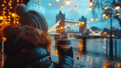 Close-up of a female hand holding a cup of coffee and Tower Bridge is in the background, first-person photo, blurred background, travel image with well known destination