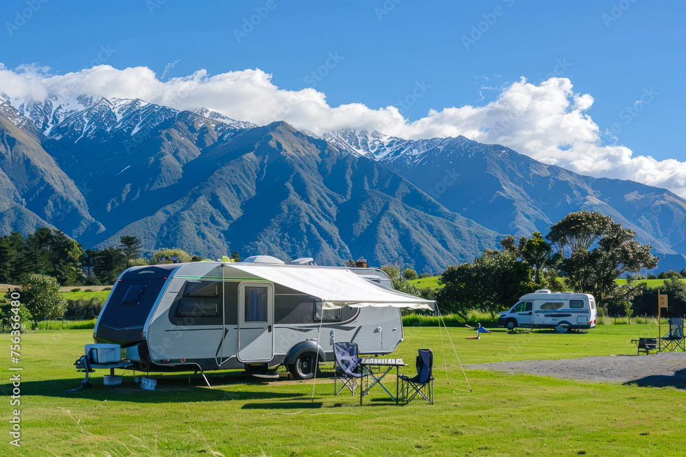 Idyllic camping setup with a caravan and its awning open, framed by majestic mountains under a blue sky