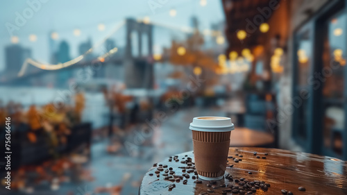Close-up of a female hand holding a cup of coffee and Brooklyn Bridge is in the background, first-person photo, blurred background, travel image with well known destination