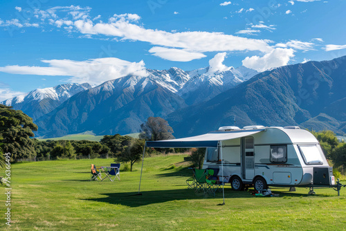 A modern caravan setup in a picturesque valley with a backdrop of stunning mountains under a clear sky