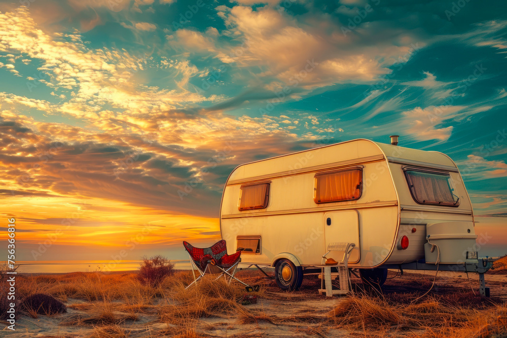 A solitary caravan parked by the coastline against a backdrop of a breathtaking sunset next to an inviting chair A solitary caravan parked by the coastline against a backdrop of a breathtaking sunset next to an inviting chair