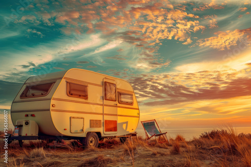 A picturesque scene of a vintage caravan on a coastal dune during sunset, exuding a cozy and adventurous vibe