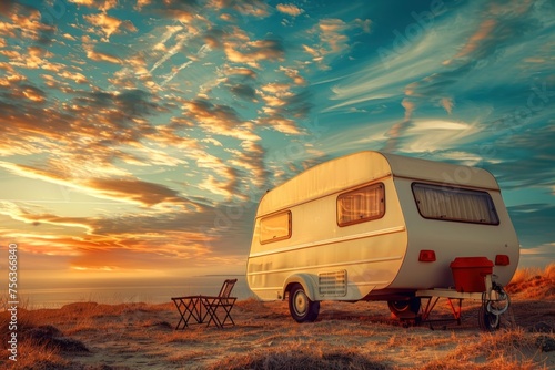 As the sun dips low, this image captures the nostalgia of a vintage caravan parked on the sandy shores, awaiting adventure