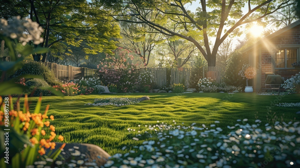 Landscape of spring backyard. Generative AI.