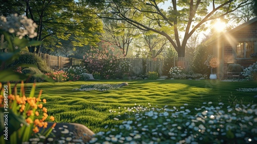 Landscape of spring backyard. Generative AI.
