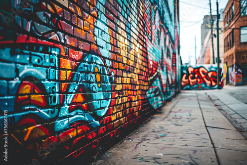 Vivid graffiti art on a city brick wall