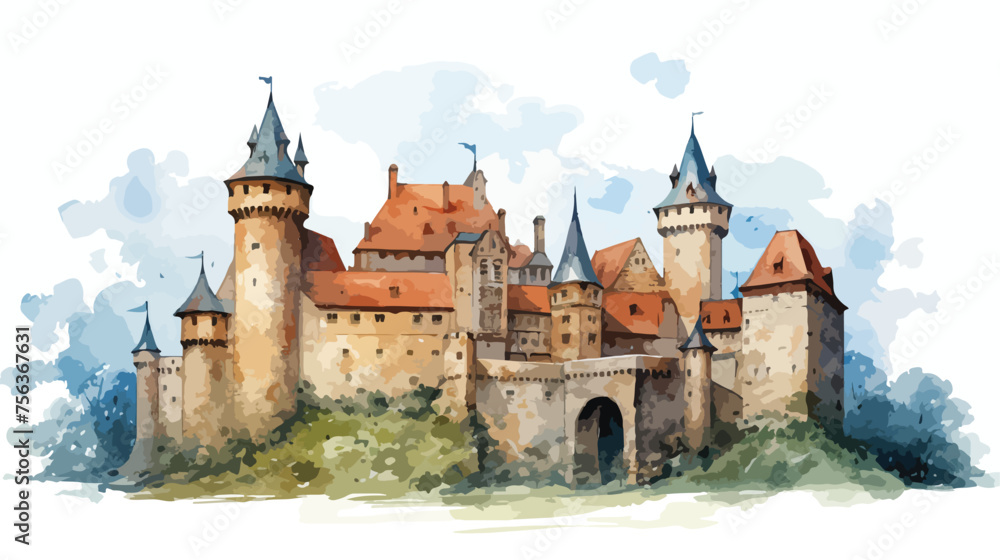 watercolor digital illustration of a medieval castle