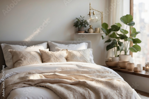 Helles Schlafzimmer mit stilvoller Dekoration und Pflanzen