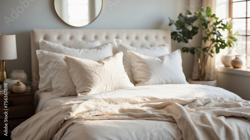 Sonnenbeschienenes Schlafzimmer mit elegantem Bett und natürlichen Akzenten