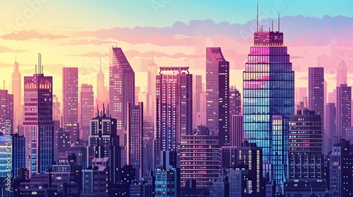 Retro pixel art cityscape with skyscrapers. Retro, cityscape, skyscrapers, buildings, urban, vintage, nostalgia, skyline, architecture. Generated by AI