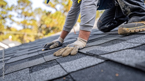 Roofer inspecting and repairing roof. Repair, inspection, roofing, contractor, working, high-altitude, rooftop, diligent, expertise, precautionary. Generated by AI
