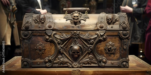 A wooden chest with skulls and bones on it