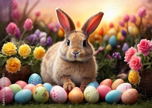 Easter - Cute Bunny in the sunset garden with Decorated Colorful Eggs and colorful flowers