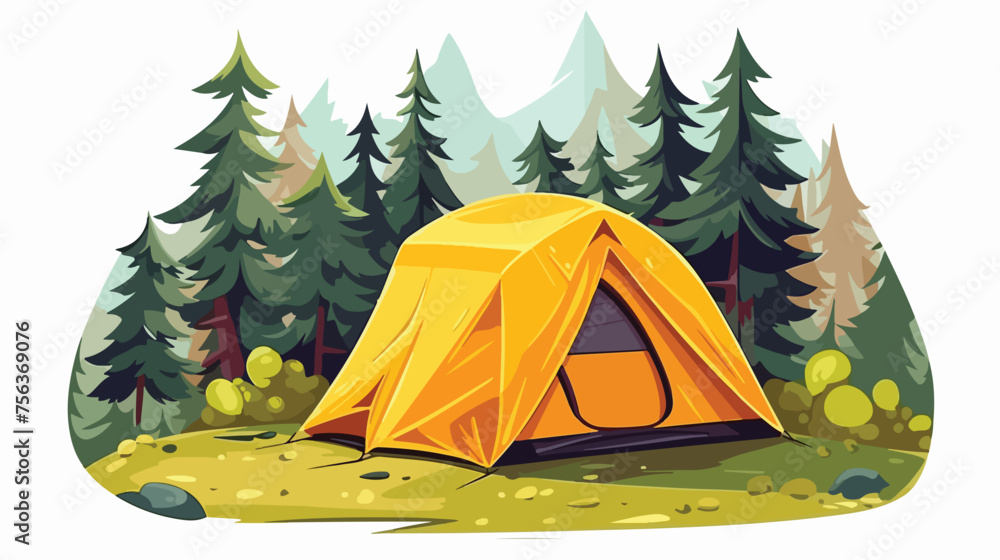 Yellow tent in the woods. Outdoor activity. Camp and