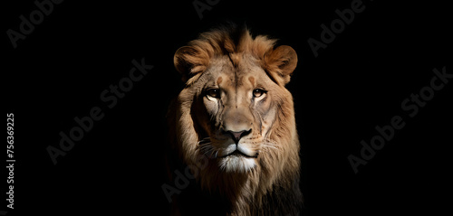 portrait of a lion against black background