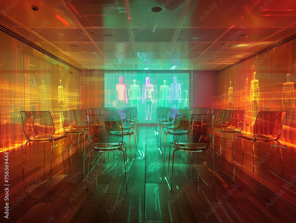 Physical meeting rooms filled with chairs face off against holographic attendees in virtual spaces