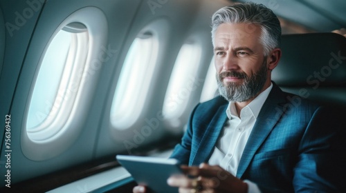 Caucasian businessman in sleek suit effortlessly uses tablet in a modern airplane cabin. Perfect for corporate travel and technology concepts