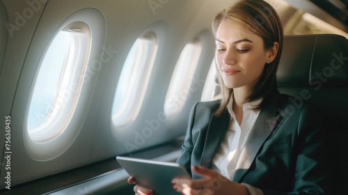 Caucasian businesswoman in chic suit uses tablet seamlessly in a modern airplane cabin. Ideal for corporate travel and technology themes